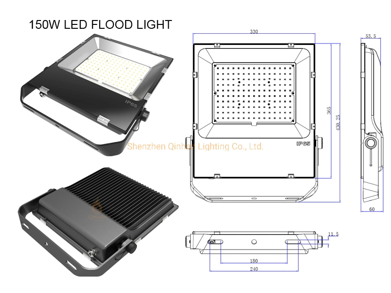 Wide Voltage 90-305V AC 0-10V Dimmable IP65 150W LED Flood Light for Outdoor Tennis Court Tunnel Lighting Differen Beam Angle Can Be Choose